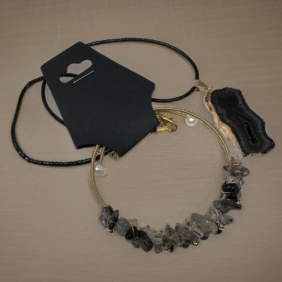 Black Agate Tourmalinated Quartz Bracelet and Necklace Bundle Jewelry Set - Picture 5 of 11